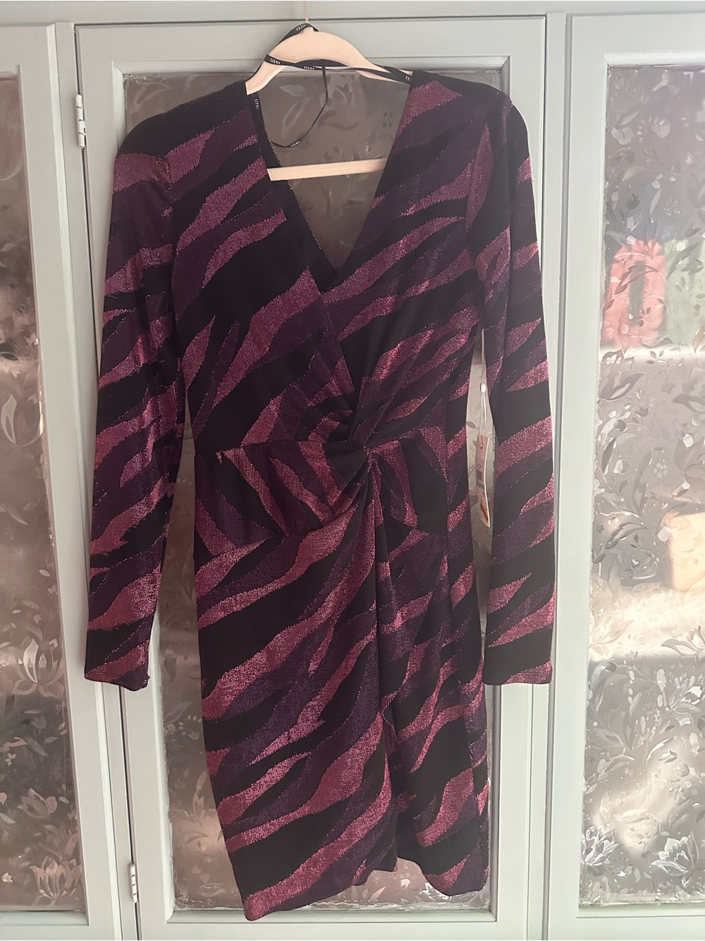 Sienna Sky Black and Magenta Zebra-Stripe Wrap Long Sleeve Dress